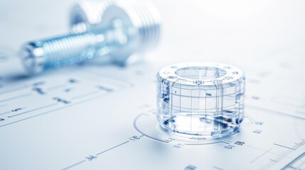 3D transparent parts superimposed on technical engineering drawings with measurements