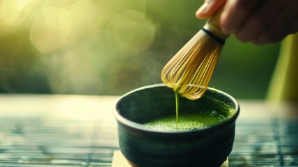 A Japanese tea ceremony, with matcha tea being whisked in a traditional setting