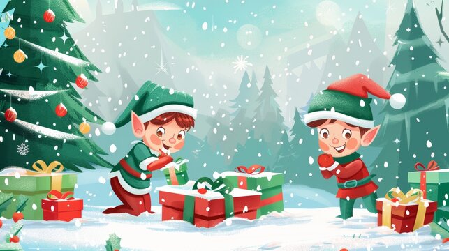 Cheerful elves joyfully wrapping gifts in the bustling north pole workshop during the festive season