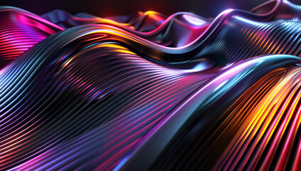 3D render of an abstract background with colorful curved lines in the style of dark colors, metallic and holographic materials, a gradient effect