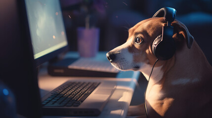 Dog works with the laptop. Remote work or freelance concept with funny puppy.