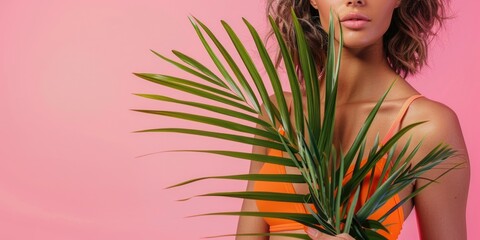 Naklejka premium A woman holds a palm leaf while wearing an orange top, possibly in a spiritual or celebratory context