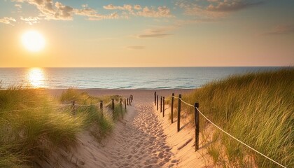 path to a summer sunset beach sandy beach trail leads to a sunny summer horizon over the open waters of lake michigan hoffmaster state park muskegon michigan