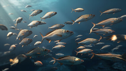 The photograph herd of Pelagic fish in deep ocean