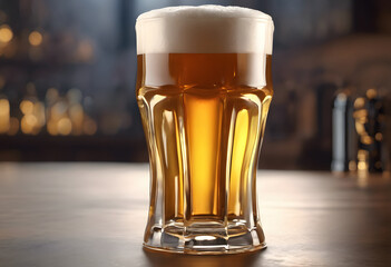 A frothy glass of beer on a wooden table with a blurred background of warm lights. Oktoberfest theme.