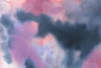 Abstract watercolor background with paper texture. Hand painted backdrop in purple, pink and navy blue colors