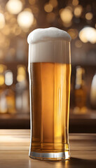 A frothy glass of beer on a wooden table with a blurred background of warm lights. Oktoberfest theme.
