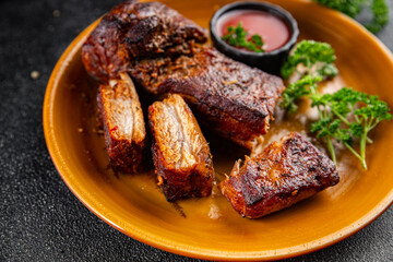 pork ribs fried meat grilled barbecue tasty fresh meal food snack on the table copy space food background rustic top view