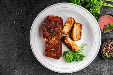 pork ribs fried meat grilled barbecue tasty fresh meal food snack on the table copy space food background rustic top view