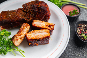 pork ribs fried meat grilled barbecue tasty fresh meal food snack on the table copy space food background rustic top view