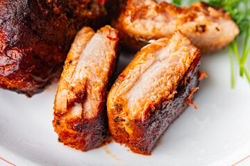 pork ribs fried meat grilled barbecue tasty fresh meal food snack on the table copy space food background rustic top view