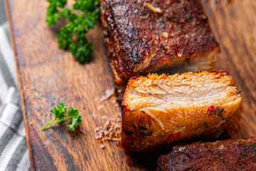 pork ribs fried meat grilled barbecue tasty fresh meal food snack on the table copy space food background rustic top view