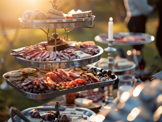 Fototapeta premium Buffet en plein air avec assortiment de charcuteries et fromages