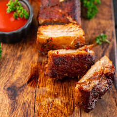 pork ribs fried meat grilled barbecue tasty fresh meal food snack on the table copy space food background rustic top view