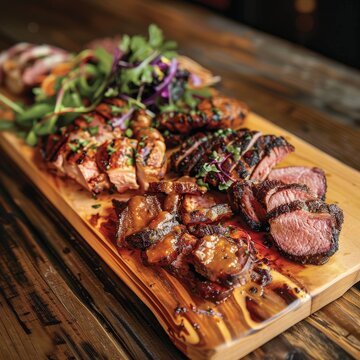 Planche de viande grill&eacute;e avec garnitures sur une table en bois