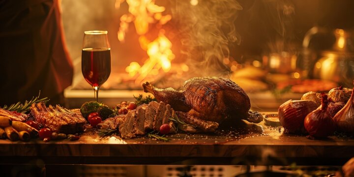 Festin de viande grill&eacute;e avec dinde, vin et l&eacute;gumes