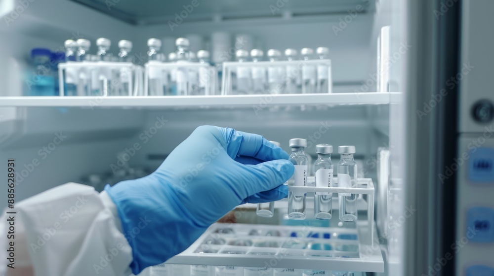 Poster a gloved hand reaches into a laboratory refrigerator to retrieve a vial from a rack