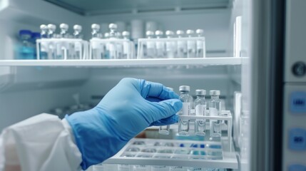 A gloved hand reaches into a laboratory refrigerator to retrieve a vial from a rack