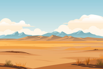 Landscape of steppe mountains. Beautiful vector landscape of mountains in an arid steppe against a blue sky background with amazing clouds.