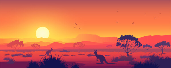 Beautiful Australian landscape. Vector illustration of Australian savannah wildlife, kangaroos, mountains, trees and amazing sunset.  Australian Safari Park. © LoveSan