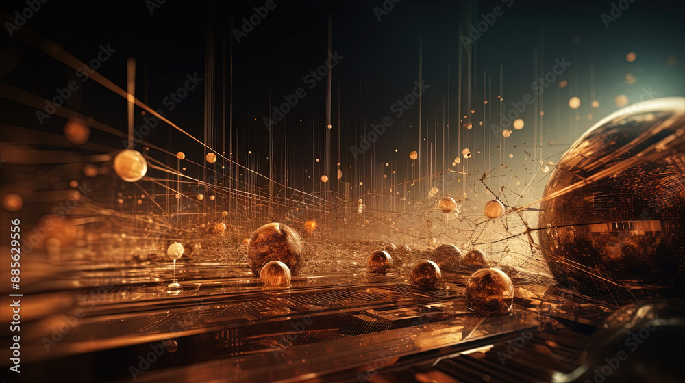 Poster Abstract burst of wires and particles on technology background. Scientific abstraction with mess of microscopic connections.