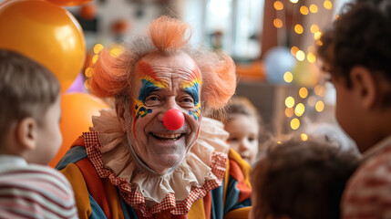 Cheerful Clown Entertaining Children at a Festive Birthday Party