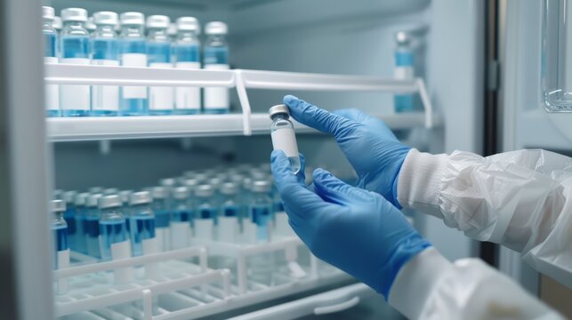 A gloved hand carefully examines a vial from a row of vials in a refrigerated laboratory, showcasing the meticulous attention to detail required in scientific research
