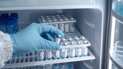 A gloved hand carefully retrieves a vial of vaccine from a refrigerated storage unit, where rows of vials are neatly arranged
