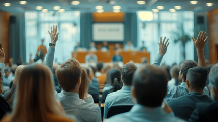 Audience members raise hands in a conference room, participating in an interactive business seminar or corporate training session.