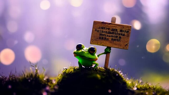 Frog Holding Asian Sign in Mossy Forest Generative AI