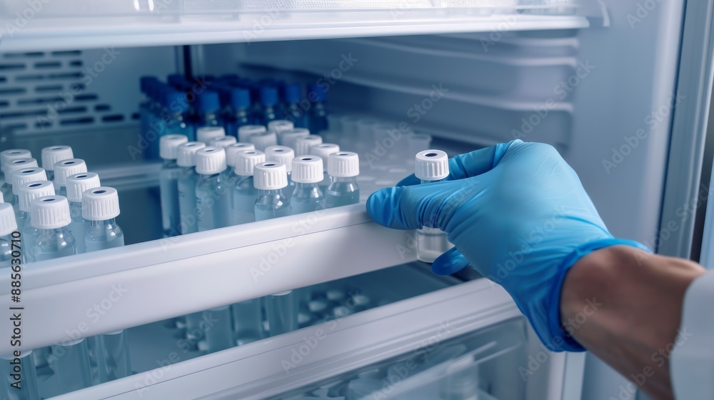Poster A gloved hand reaches into a laboratory refrigerator to retrieve a sample vial from a shelf filled with others