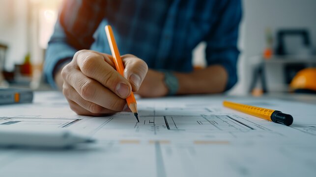 Close-up of person writing with pencil on architectural blueprint, surrounded by stationary, working on detailed design or construction plan.