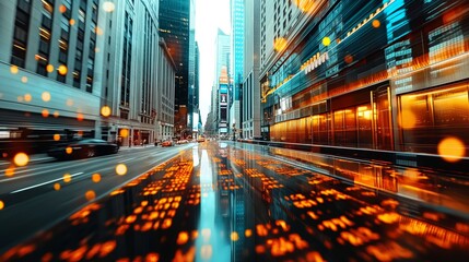 Futuristic cityscape with digital data overlay, blending technology and urban life, showcasing modern architecture and fast digital transformation.