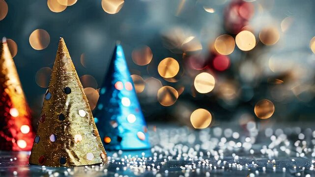 Festive party hats with glitter in warm lighting