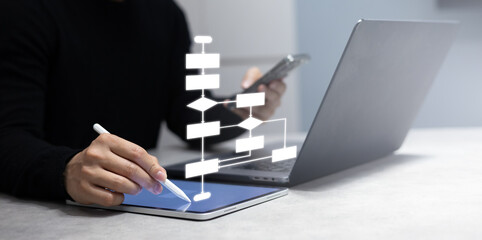 close up business owner hand use stylus pen to write and check about progress or procedure of...