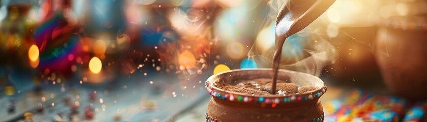 A Mexican hot chocolate being stirred in a clay mug, with colorful decorations in the background