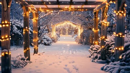 Snow-covered pathway under illuminated wooden pergola in winter wonderland - Powered by Adobe