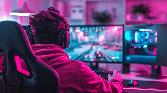 Gamer engrossed in playing a computer game on a dual monitor setup in a neon-lit room, wearing headphones for a fully immersive experience.