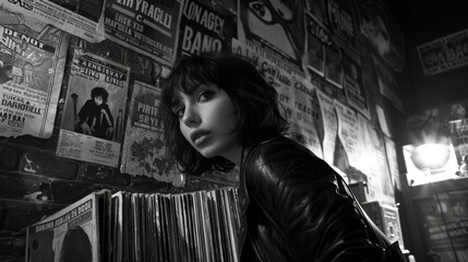 Punk, goth rock girl posing in a dim hallway. Walls covered in band posters, covers, ads. Dressed in a leather jacket and dark make-up. Fashion. Style. Dramatic. Black and white.