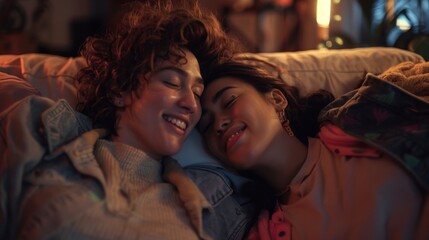 A pair of females resting on a sofa, possibly friends or romantic partners