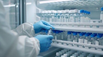 A gloved hand reaches into a laboratory refrigerator, carefully taking a vial from a shelf filled with rows of similar containers
