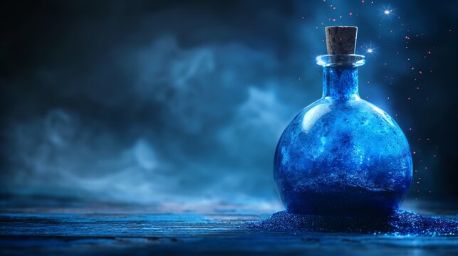 a fantasy bottle of magic potion elixir with blue cloud emerging inside