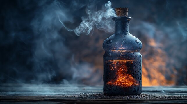 a fantasy bottle of magic elixir with fire flame emerging inside