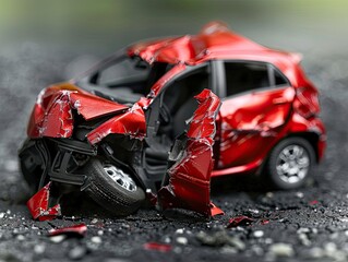 Crumpled red car after accident.