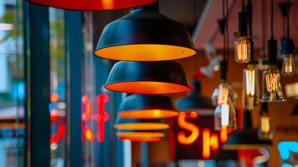 Black Metal Pendant Lamps With Edison Bulb String Lights in Restaurant
