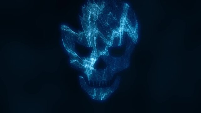 Evil skull face with blue electric effect on dark background 