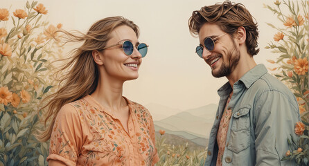 Obraz premium Stylized digital illustration of a romantic couple surrounded by lush flowers. Wedding invitations, book covers, or any project requiring a dreamy, vintage-inspired aesthetic.