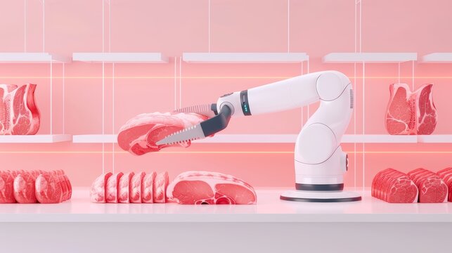 A high-tech butcher shop with robotic cutting tools and neon-infused meat displays