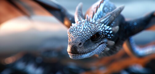 A mythical dragon with bioluminescent scales, flying over a futuristic landscape style, flat design illustration, high-resolution photo, realistic photo, cinematography