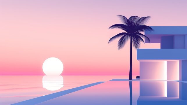 A sleek beach resort with interactive digital beach activities and neon-lit beachfront suites promoting coastal travel style